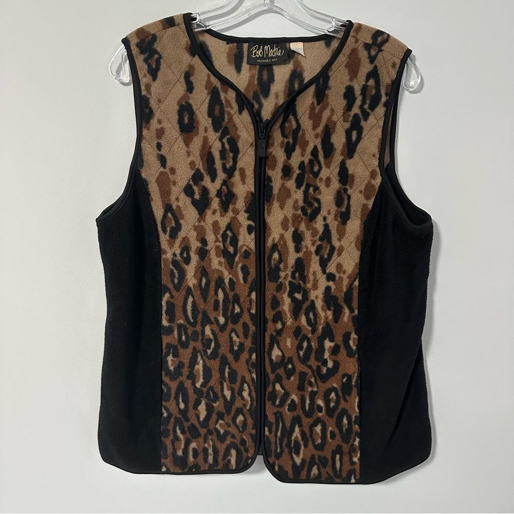 Bob Mackie Wearable Art leopard print fleece vest with a full zipper closure